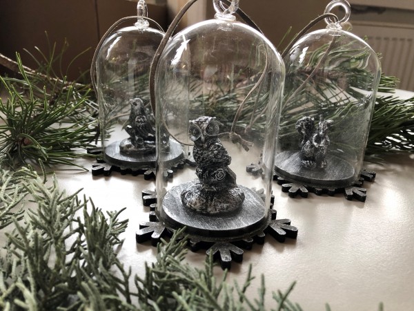 3er Set Glashaube mit Deko silber Weihnachtsbaum Christbaum Aufhänger Weihnachten Schnee