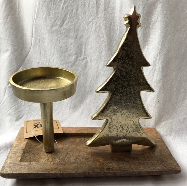 Kerzenständer Weihnachten Tannenbaum Massiv Gold Holz HBX Natural Living Stumpenkerze